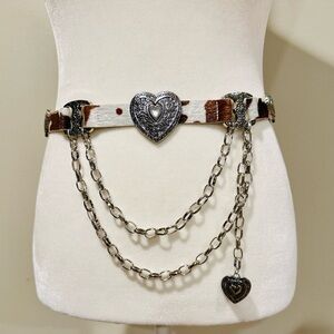 Cowhide Heart Chain Belt - White & Brown